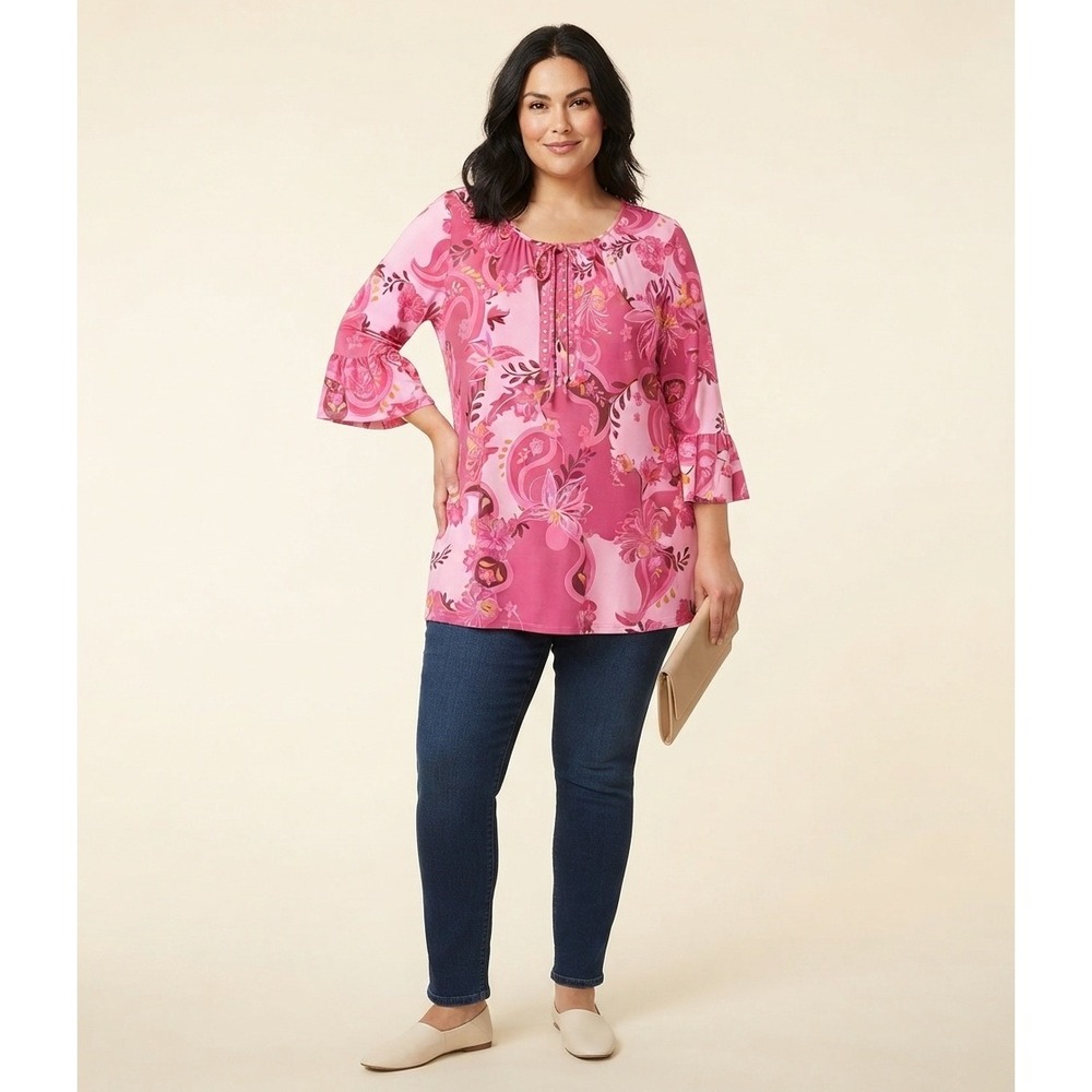 JM Collection Pink Floral Paisley Lace Up Bell Sleeve Blouse XXL NWT